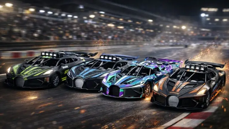 Quatre variantes Bugatti RC Iridescence Bleu Vert Orange showroom