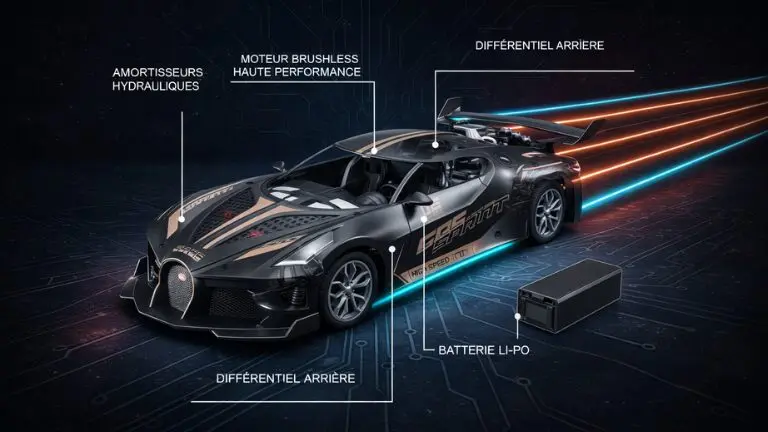 Bugatti RC orange pilotée par enfant dans salon avec slalom de cônes