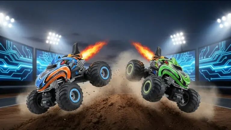 Monster Truck Shark rouge en mode nuit avec phares LED et fumée dense