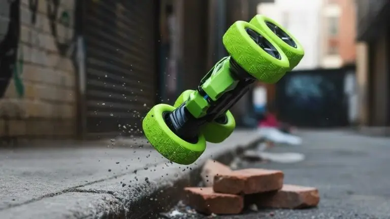Voiture stunt RC rouge cascade 360 — roule sur le toit dans le jardin