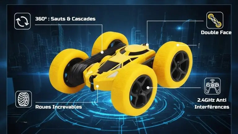 Voiture stunt RC bleue cascade 360 — saut maitrise sur rampe de jardin