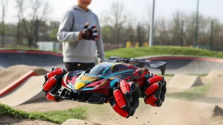 Voiture RC Gant Gestuel violet en drift latéral sur sol marbre brillant
