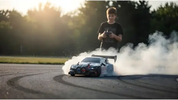 Voiture RC Super Drift jaune — drift en plein jour sur circuit asphalte
