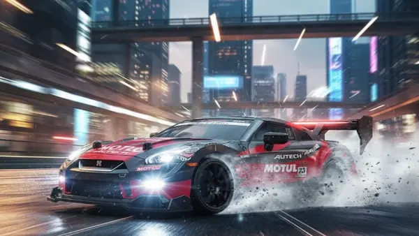 Nissan GT-R Nismo GT3 noire en drift dans rue Tokyo de nuit avec néons