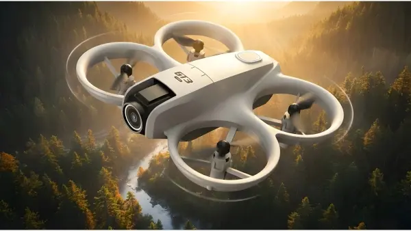 Drone LYZ-RC en vol au-dessus d'un littoral et plage