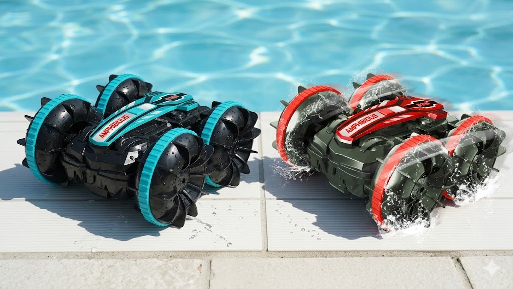 Duo Voiture RC Cascadeuse Amphibie V2 Bleu turquoise et Rouge bord piscine