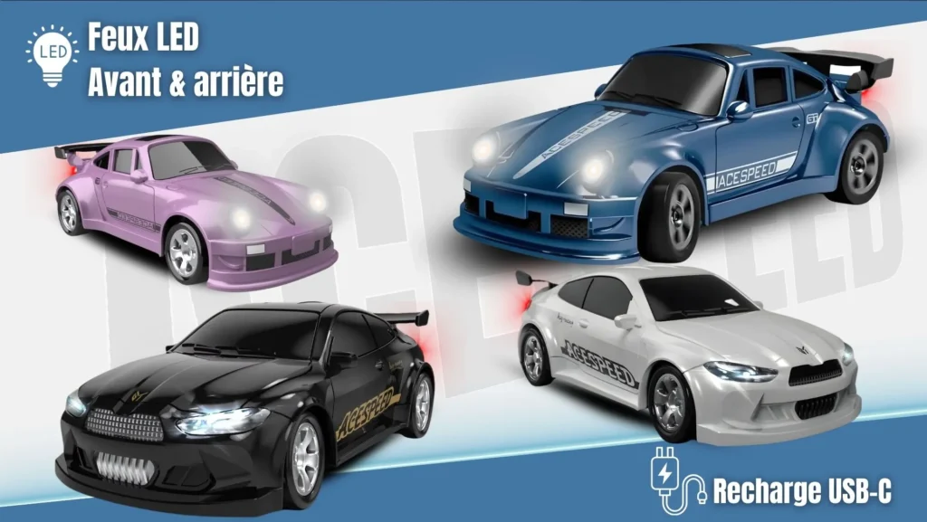 Mini bolide RC drift bleu — pilotage radio 2.4 GHz en main