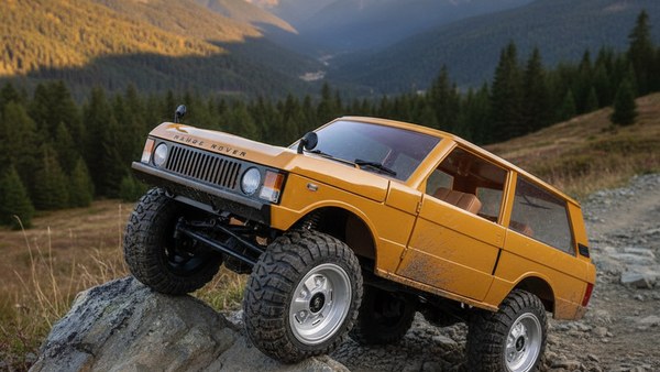 4x4 télécommandée Range Rover Classic Jaune — crawl en montagne