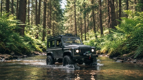 4x4 télécommandée Land Rover Defender Gris — traversée de gué forestier