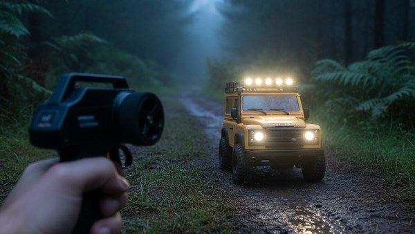 4x4 télécommandée Land Rover Defender Jaune — phares LED de nuit