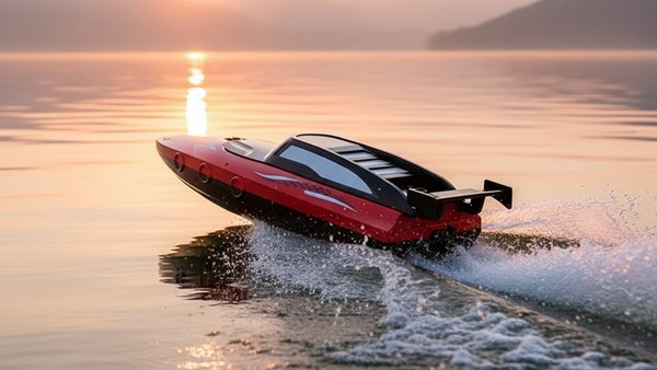 Hydro Racer 33 rouge sur lac doré au lever du soleil avec sillage