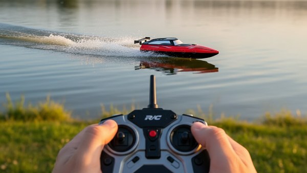 Pilotage Hydro Racer 33 depuis la berge d'un lac avec télécommande