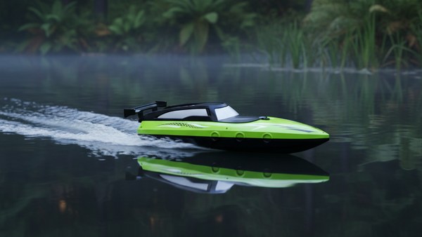 Hydro Racer 33 vert lime sur étang de forêt au crépuscule