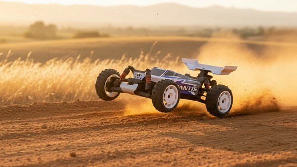 Buggy RC MANTIS PRO — accélération sur piste de terre au coucher du soleil
