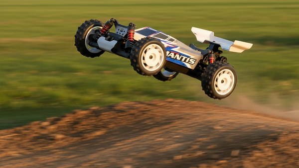 Buggy RC MANTIS PRO — saut maîtrisé après franchissement de bosse