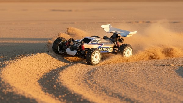 Buggy RC MANTIS PRO — virage 4WD sur sable avec gerbe de poussière
