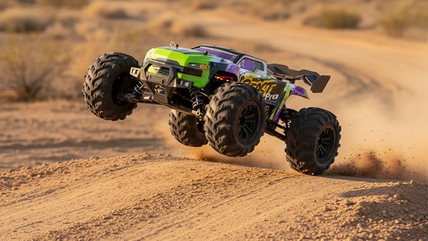 Buggy SG116 MAX Beast Pro vert violet en saut spectaculaire dans la poussière