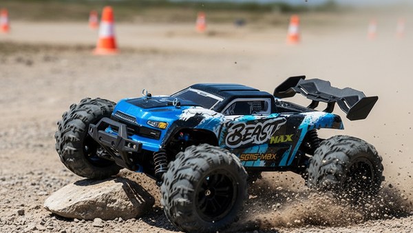 Buggy SG116 MAX Beast Max bleu sur piste de gravier en franchissement