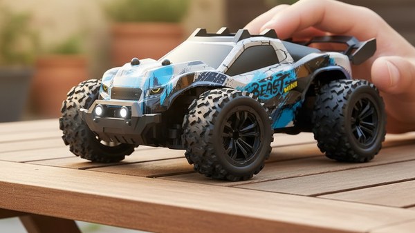 Buggy SG318 Mini bleu posé sur table en bois avec main pour échelle