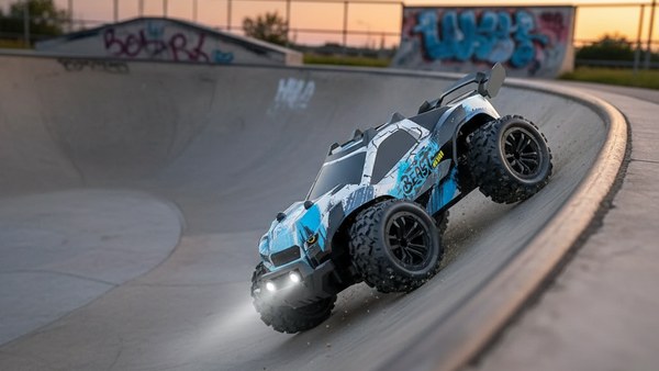 Buggy SG318 Mini bleu en virage incliné dans bowl skatepark béton