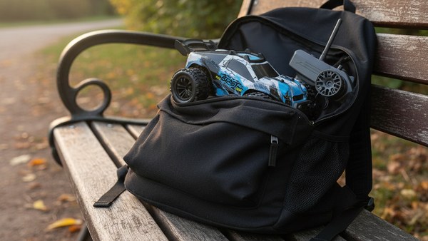 Buggy SG318 Mini rangé dans un sac à dos canvas noir sur banc parc