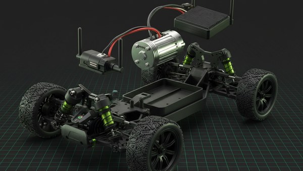 Vue éclatée du châssis du buggy RC Storm Raider - moteur brushless, ESC et batterie révélés