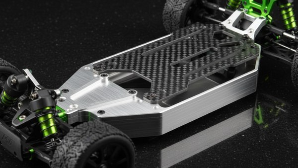 Châssis alliage aluminium 7075 brossé et fibre de carbone du buggy Storm Raider - gros plan matériaux premium