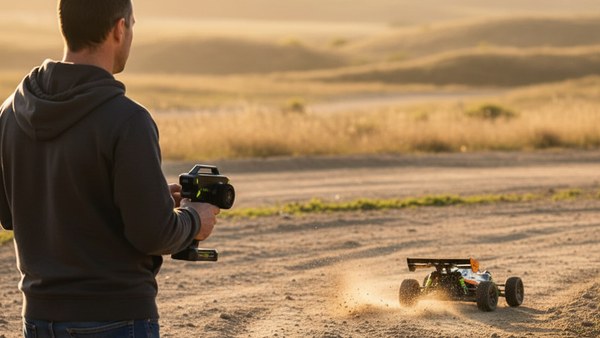 Pilote RC adulte de dos avec télécommande 2.4 GHz - buggy Storm Raider en action sur piste