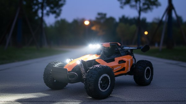 Buggy ORS-8 orange au crépuscule avec phares LED allumés sur cheminement de parc