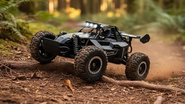 Buggy ORS-8 noir sur sentier forestier en terre rouge avec poussière