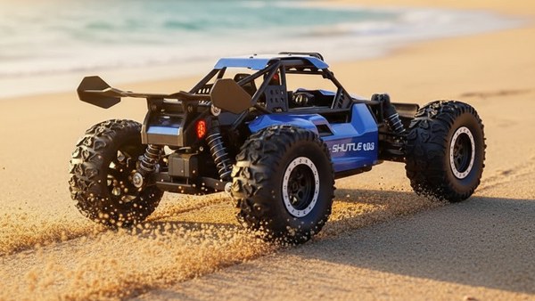 Buggy ORS-8 bleu sur sable de plage avec propulsion arrière sable projeté