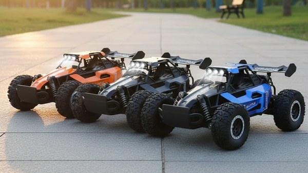 Trio Buggy ORS-8 Orange Noir Bleu côte à côte au coucher de soleil