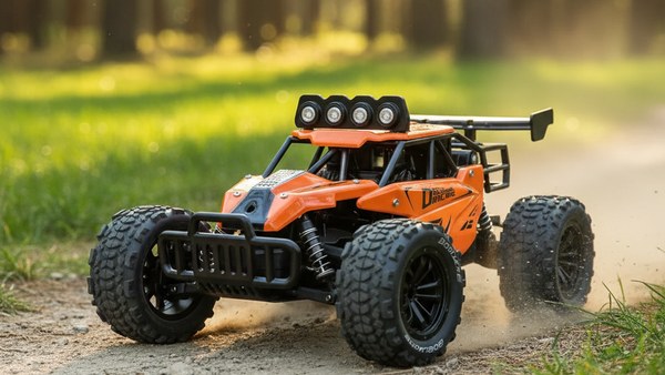Buggy ZWN 8 orange sur chemin de terre forestier au coucher de soleil