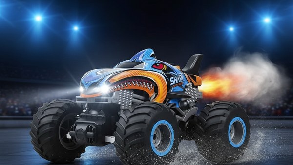 Monster Truck Shark bleu et orange en arène stunt avec jet de vapeur d'eau