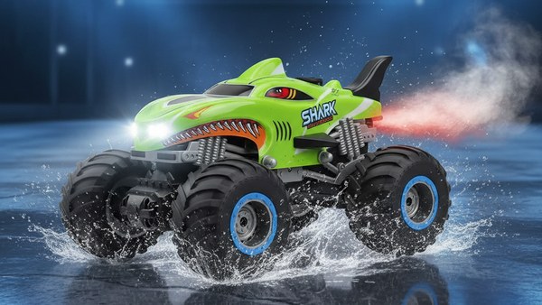 Monster Truck Shark vert traversant une flaque d'eau dans une arène