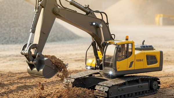 Pelleteuse RC excavatrice godet baissé creusant la terre sur chantier