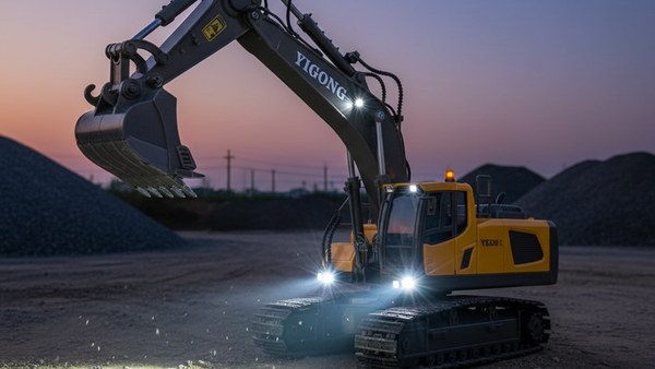 Pelleteuse RC phares LED blancs allumés pénombre chantier nuit