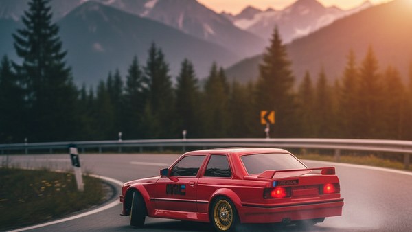 RC DRIFT BMW E30 M3 rouge — route alpine bavaroise au coucher du soleil