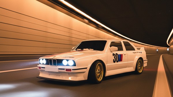 RC DRIFT BMW E30 M3 blanche — tunnel autobahn de nuit