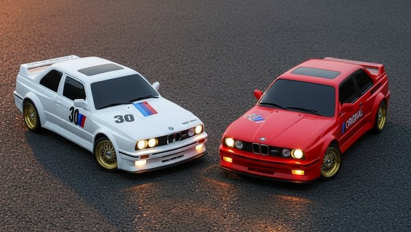 RC DRIFT BMW E30 M3 — variantes Blanc DTM et Rouge Original côte à côte