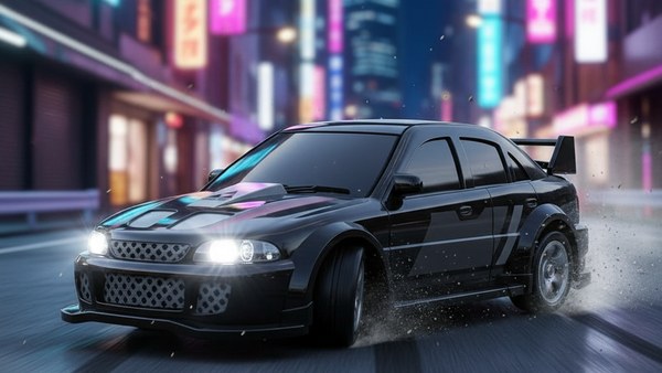 RC DRIFT Mitsubishi Lancer Evolution noir — drift Tokyo by night sous néons