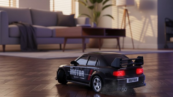 RC DRIFT Mitsubishi Lancer Evolution noir — drift indoor sur parquet salon