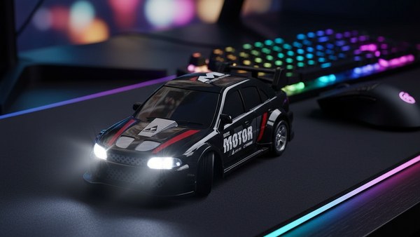RC DRIFT Mitsubishi Lancer Evolution noir — setup gamer RGB sur bureau
