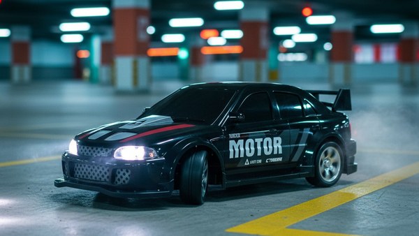 RC DRIFT Mitsubishi Lancer Evolution noir — parking souterrain néons JDM