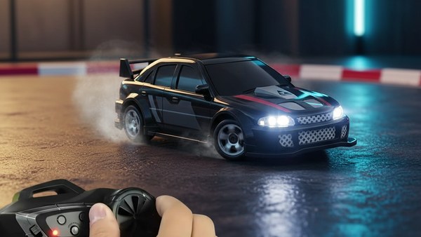 RC DRIFT Mitsubishi Lancer Evolution noir — pilotage radio 2.4 GHz en main