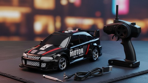 RC DRIFT Mitsubishi Lancer Evolution noir — pack RTR avec radio et accessoires