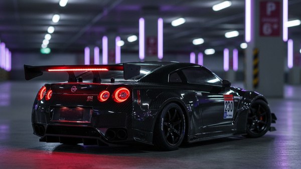 GT-R Nismo GT3 noire dans parking souterrain avec LED rouge arrière