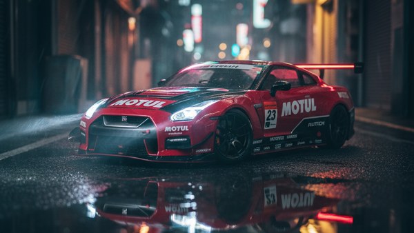 GT-R Nismo GT3 rouge dans ruelle Tokyo pluvieuse de nuit avec néons