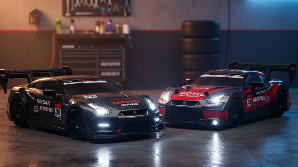 Duo Nissan GT-R Nismo GT3 noire et rouge MOTUL dans garage tuner