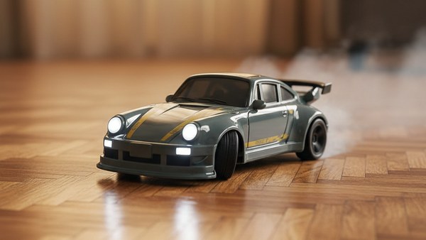 RC Drift Porsche 911 Gris Nardo en drift fumée parquet bois
